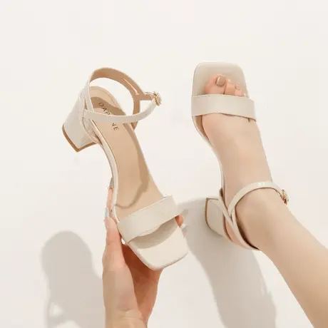 2024年夏季新款性感法式少女方头露趾高跟鞋女粗跟一字带百搭凉鞋商品大图