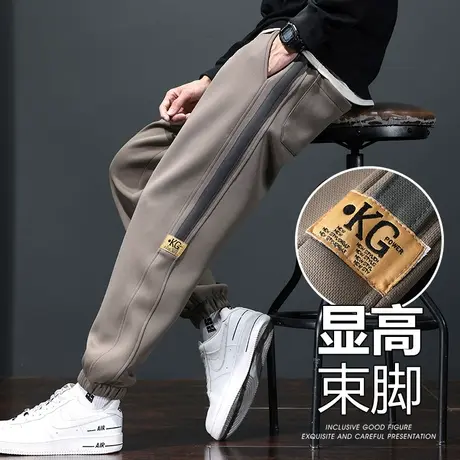 秋冬款卡其色条纹痞帅运动卫裤冬季男生美式高街潮牌束脚休闲裤子商品大图