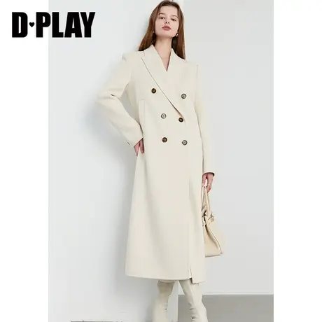 DPLAY冬气质通勤杏色戗驳领中长款宽松羊毛10%羊绒双面呢大衣商品大图