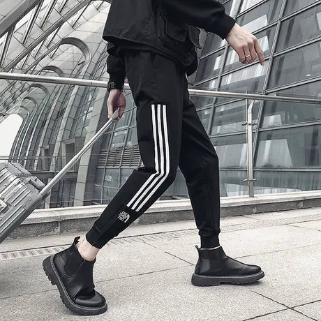 夏季男士休闲裤运动裤哈伦裤九分裤宽松条纹百搭快手ins潮流卫裤图片