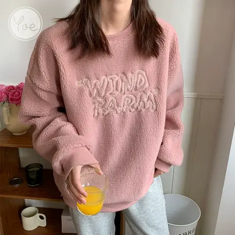 yoe卫衣女秋冬加厚仿羊羔绒上衣宽松慵懒复古绣花韩版外套ins商品大图