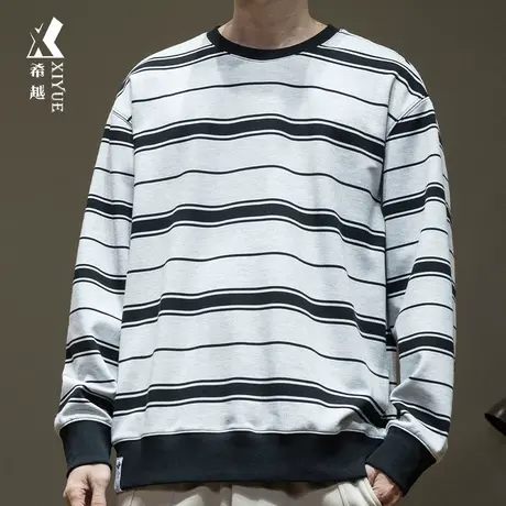 希越重磅350g条纹卫衣男2024春季宽松大码男士长袖T恤美式打底衫商品大图