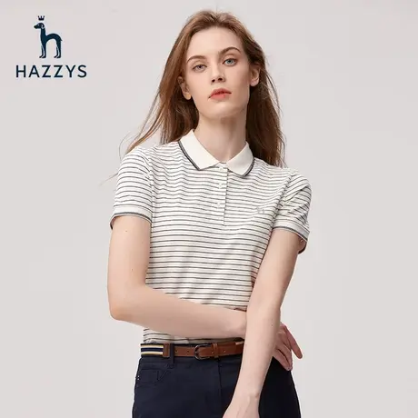 Hazzys哈吉斯奥莱细条纹POLO衫夏季修身短袖T恤女士休闲体恤上衣商品大图
