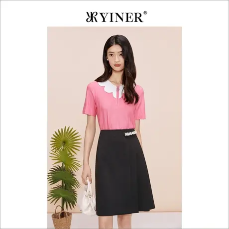 YINER音儿专选女装夏季宽松撞色翻领短袖针织衫套头商品大图