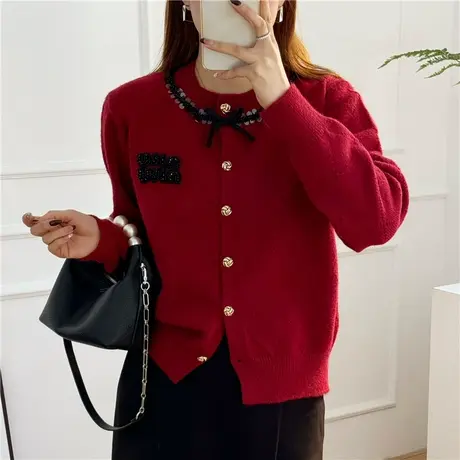春装2024年女装本命年红色开衫毛衣女秋冬2023新款针织衫外套爆款图片