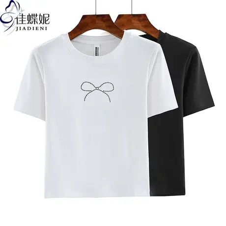 早春新款圆领修身短款性感纯欲纯棉烫钻辣妹短袖体恤上衣女打底衫商品大图