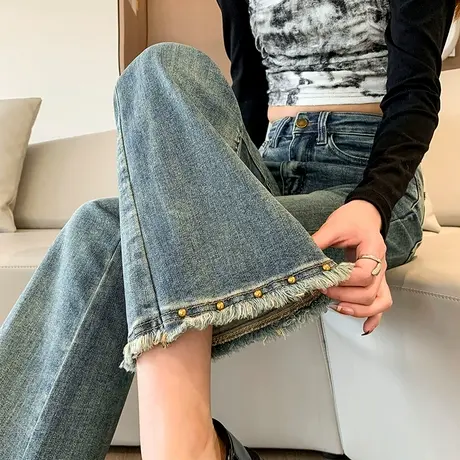 怀旧蓝毛边喇叭裤女2024年春秋新款高腰显瘦修身百搭微喇牛仔裤子商品大图