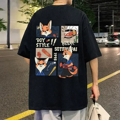 纯棉美式短袖T恤男夏季潮牌ins半袖高街宽松小狐狸印花男生体恤衫图片