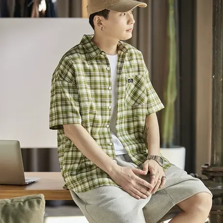 唐狮夏季格子短袖衬衫男绿色休闲复古日系衬衣polo领宽松外套潮图片