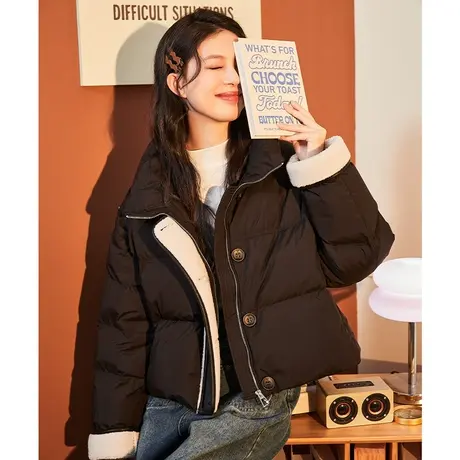 唐狮2024秋冬新款女羽绒服短款上衣外套翻领立领皮质拼接撞色2.8图片