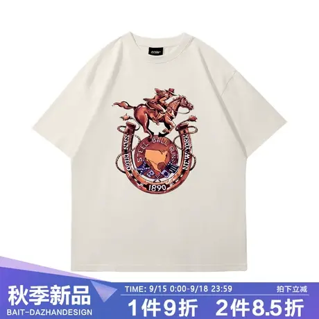 夏季美式潮牌短袖T男女设计感立体复古马术重磅高级嘻哈宽松t恤夏商品大图