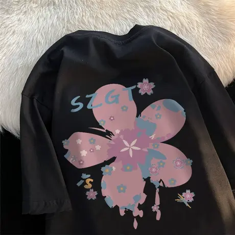 纯棉重磅美式复古短袖t恤女2023新款夏季ins潮牌宽松港味chic上衣商品大图