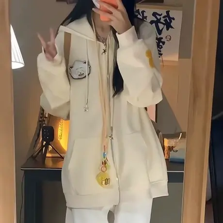 羊角设计感美式连帽卫衣女春秋季薄款宽松慵懒风开衫上衣外套加绒商品大图