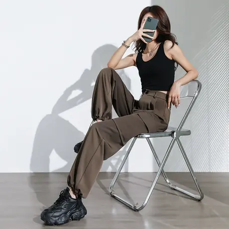 工装裤女宽松束脚春秋休闲大码显瘦高腰直筒裤子咖色西装阔腿长裤商品大图