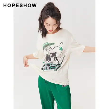 红袖outlets主题绣T恤hopeshow2023夏季新款女装圆领套头短袖上衣商品大图