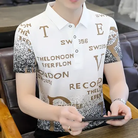 2023新款夏季男士短袖t恤衬衫领polo衫印花纯棉体桖半袖潮流上衣T商品大图
