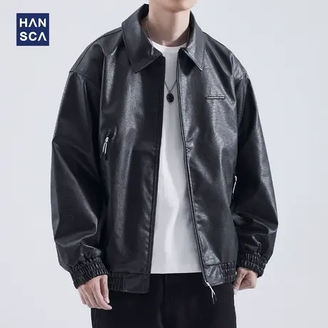 hansca男士夹克秋冬季美式痞帅开衫式皮衣男生百搭新款休闲外套潮商品大图