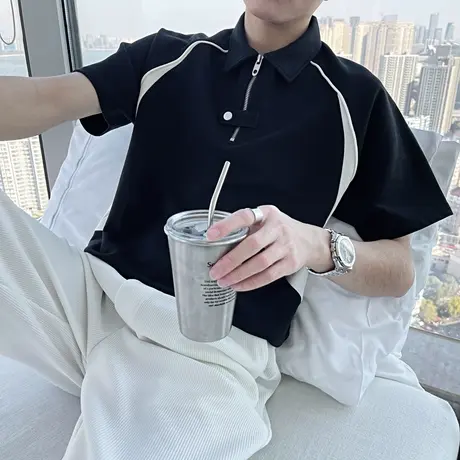 重磅半拉链短袖POLO衫男夏季男装体恤ins轻熟撞色休闲半袖T恤上衣商品大图