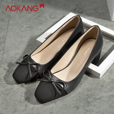 奥康女鞋2020夏秋季新款职场中跟粗跟圆头浅口职业装高跟单鞋图片