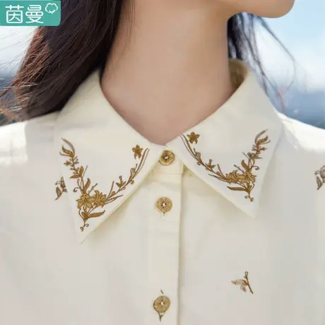 茵曼纯棉加绒刺绣衬衫女装衬衣2024新款春秋冬季长袖上衣加厚磨毛图片