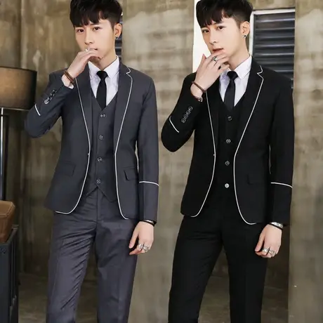 西服男士韩版修身夜店帅气休闲小西装潮学生演讲演出正装三件套装商品大图