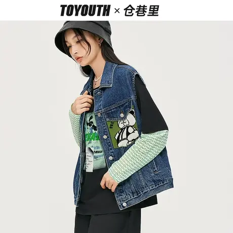 TOYOUTH初语新款外套女秋季叠穿能手针织小熊牛仔马甲上衣商品大图