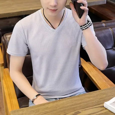 v领t恤男士短袖2023夏季新款潮流百搭半袖上衣服纯色鸡心领体恤薄图片