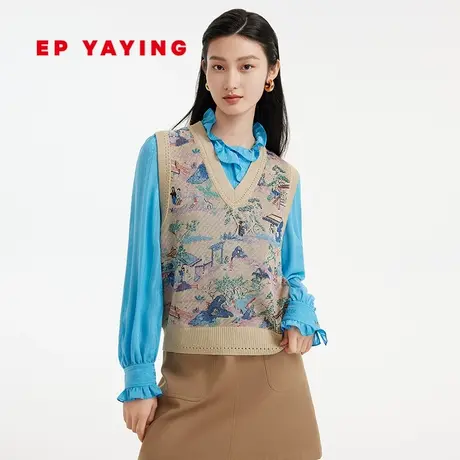 EP YAYING雅莹女装 国风提花V领针织马甲背心 2023新款9008A商品大图