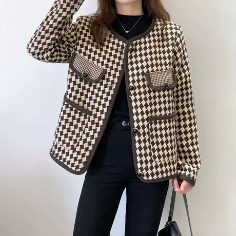 千鸟格小香风短款外套女2023春秋韩版新款粗花呢宽松显瘦毛呢上衣图片