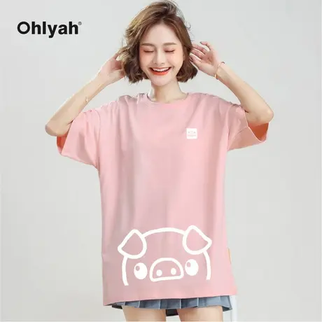 Ohlyah品牌 小猪米罗 全棉面料 2023春夏宽松短袖t恤女潮卡通班服图片