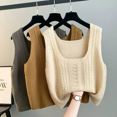 复古叠穿上衣秋冬女士无袖毛衣马甲百搭宽松U型领麻花针织衫背心商品大图