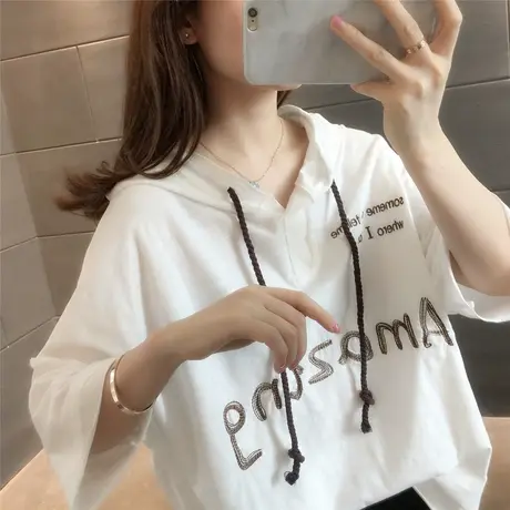 连帽短袖女夏季薄款宽松大码上衣街头嘻哈风字母刺绣卫衣T恤衫潮图片