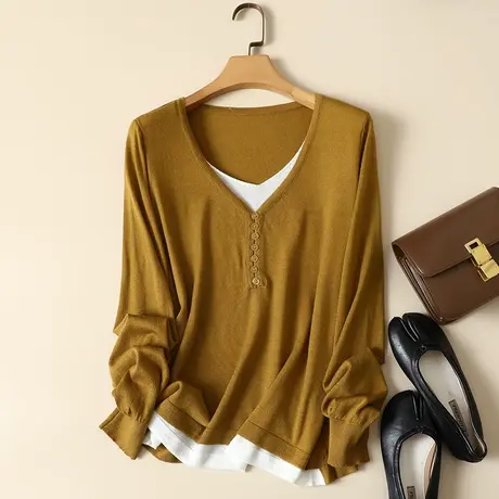 春装2023新款针织羊毛衫女V领外搭毛衣外套长袖宽松显瘦假两件套图片