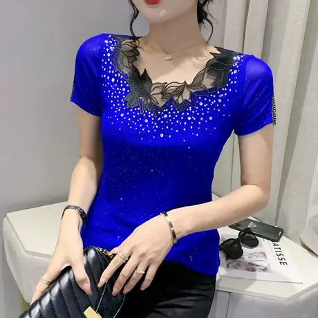 性感镂空蕾丝拼接T恤女短袖2023年新款洋气烫钻网纱上衣修身小衫商品大图