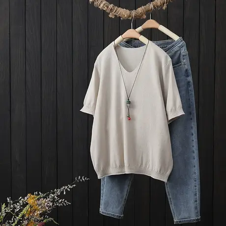 夏季2023年新款女装慵懒风针织V领套头短袖T恤女宽松纯色休闲上衣商品大图