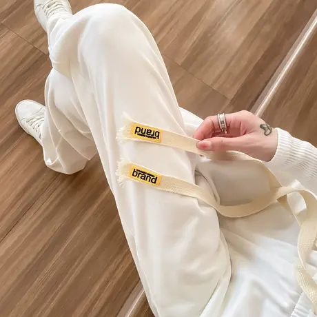 白色阔腿运动裤女2023年秋冬新款高腰垂感直筒宽松显瘦休闲拖地裤商品大图