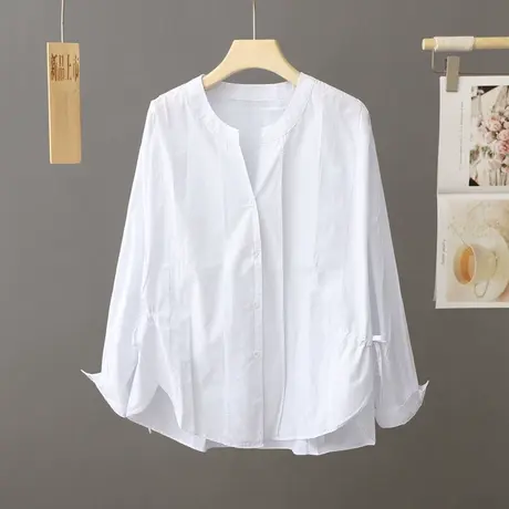 法式洋气白色衬衫女纯棉长袖宽松休闲圆领上衣设计感小众衬衣寸衫商品大图