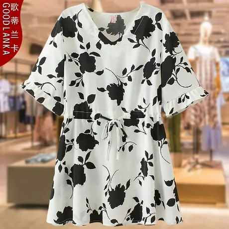 大码中年胖妈妈夏装雪纺衫新款宽松洋气中长款收腰荷叶袖T恤上衣商品大图