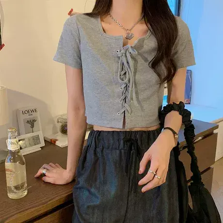 短款修身短袖白色甜辣别致新款甜酷纯欲上衣女夏季小众辣妹t恤ins商品大图