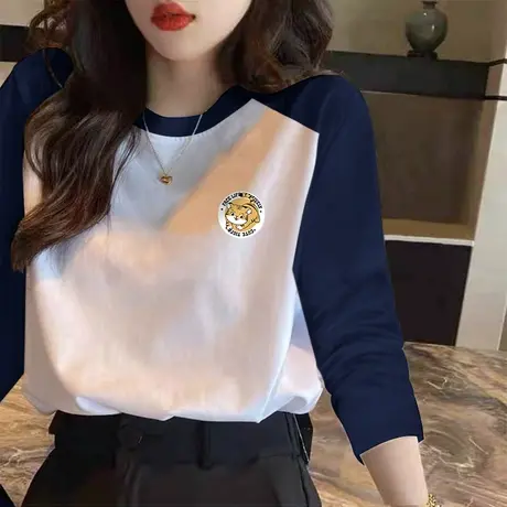 正肩长袖T恤女2022新款春秋装磨毛加厚打底衫设计感小众纯棉上衣商品大图