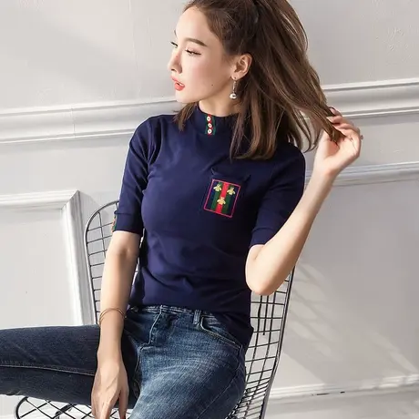 2022秋季新款五分袖T恤女印花韩范修身中袖半高领打底体恤衫潮图片