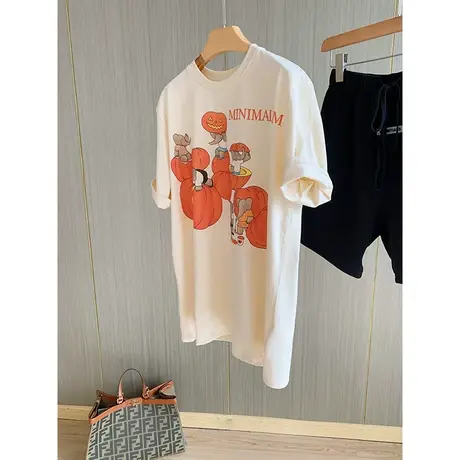 短袖t恤女2021夏季新款削皮大象字母印花宽松百搭减龄半袖ins上衣商品大图