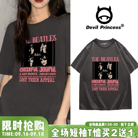 美式街头风hiphop嘻哈风深灰色短袖t恤男女同款宽松大版正肩半袖商品大图