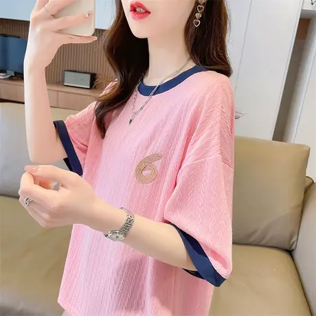 小众设计感短袖t恤女夏季韩版宽松大码撞色百搭小个子假两件上衣商品大图