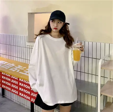 ins超火长袖T恤女春秋冬纯色内搭打底衫韩版潮学生外穿宽松上衣服商品大图