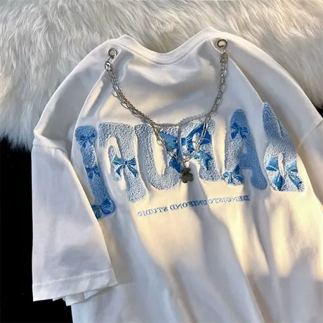 纯棉植绒项链设计感短袖t恤女夏季ins潮牌宽松高级感chic港味上衣商品大图