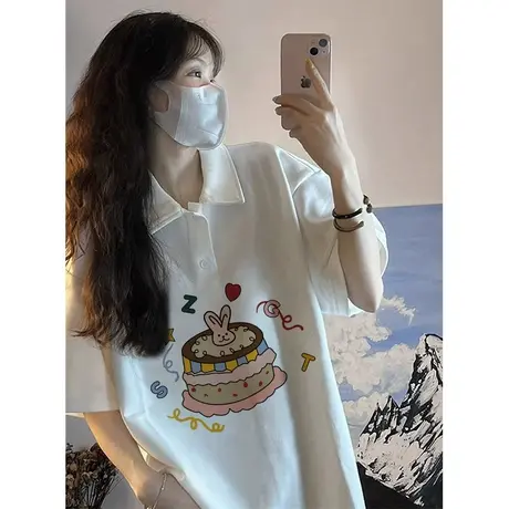 纯棉polo衫设计感印花短袖t恤女夏季新款小众宽松甜美温柔系上衣图片