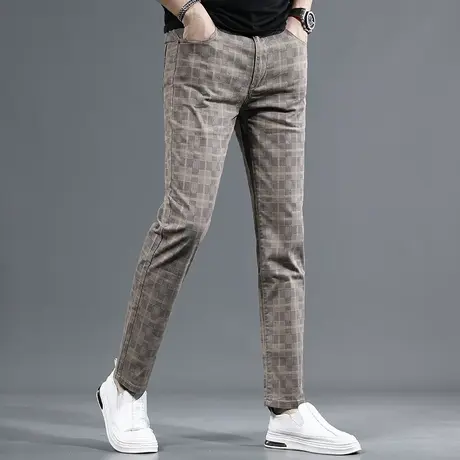2023夏季新款休闲裤男浅卡其色潮牌修身小脚格纹弹力男士薄款裤子商品大图