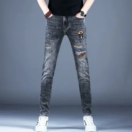 男士烟灰色刺绣牛仔裤男款秋款新款弹力高端潮牌裤子小脚修身休闲商品大图