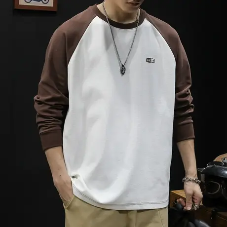 重磅长袖t恤男潮牌宽松大码秋季2023新款男士内搭拼接款潮流打底商品大图